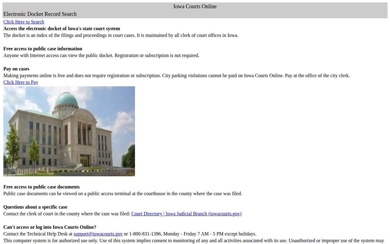 Iowa Courts Online search for Palo Alto County arrest disposition records