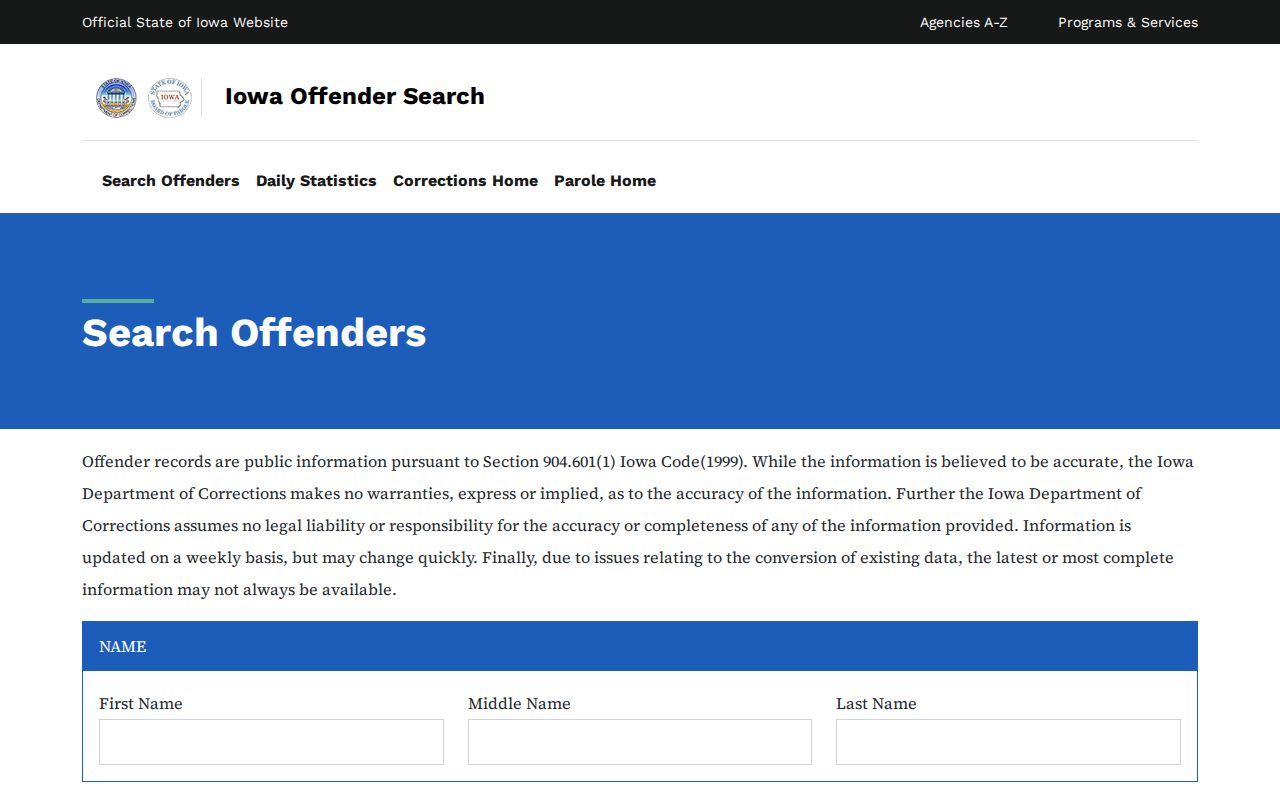 Iowa DOC search for Palo Alto County correctional records